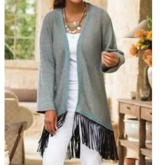 Soft Surroundings Gray Cardigan Fringe Duster Sweater